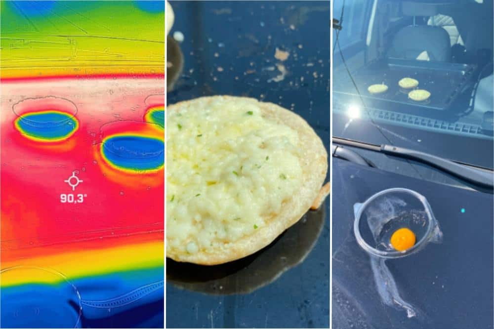 Links ist ein Bild einer Wärmebildkamera zu sehen, in der Mitte die Nahaufnahme einer fertigen Minipizza, rechts die drei Minipizzen am Backblech am Armaturenbrett des Autos im Experiment.