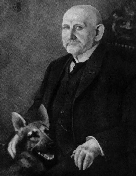 Schwarz-Weiß-Foto von Max von Stephanitz mit seinem Deutschen Schäferhund Horand von Grafarth