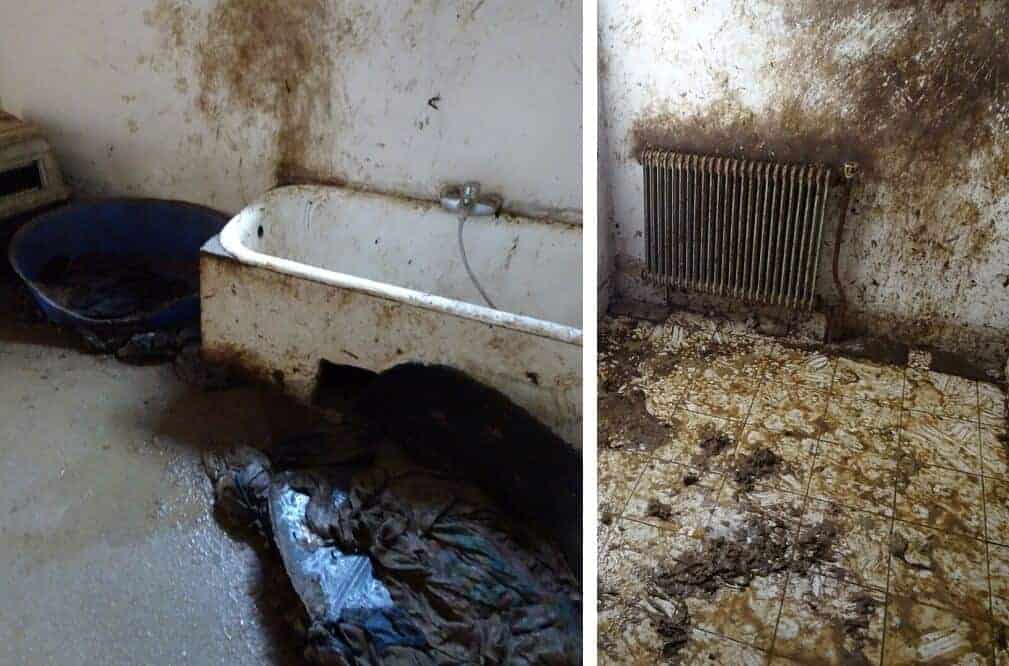 Rechts ist eine verschmutzte Badewanne und zerschlissenes Hundekörbchen zu sehen, links eine vollkommen dreckverschmierte Wand und Heizkörper. Der Boden starrt vor Kot und Urin.