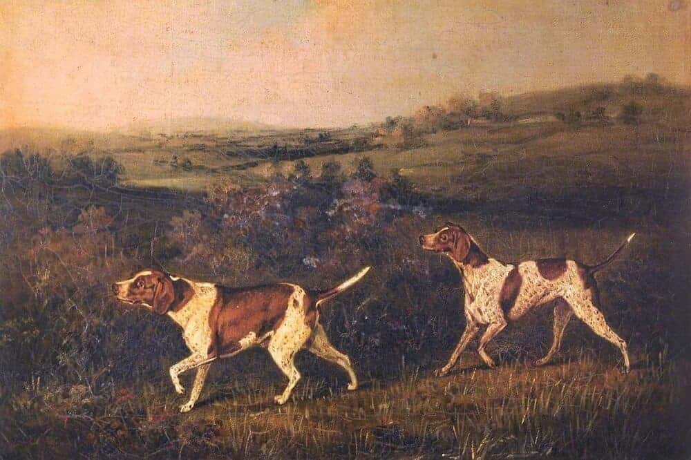 Das Gemälde zeigt zwei English Pointer in einer Landschaft.