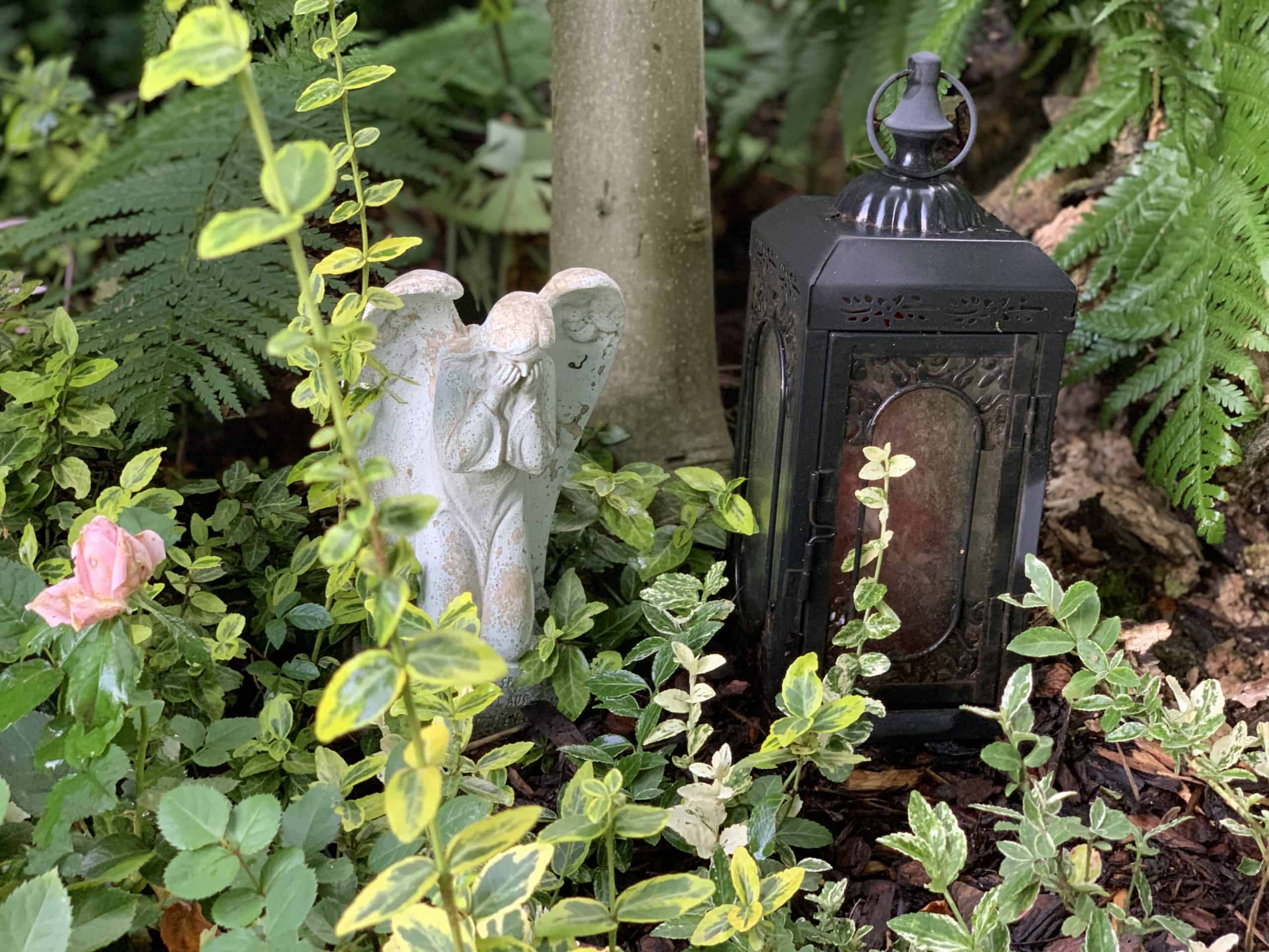 Man sieht eine schwarze Laterne mit einer roten Kerze darin und daneben ein weinender Engel aus Stein. Das alles ist umgeben von grünen Pflanzen.