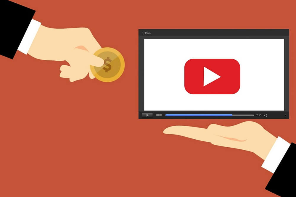 Eine Vektorgrafik einer Hand, die eine Münze an einen Bildschirm mit YouTube-Logo hält.