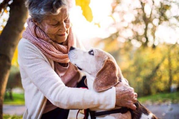 Eine ältere Frau hält einen alten Hund im Arm.