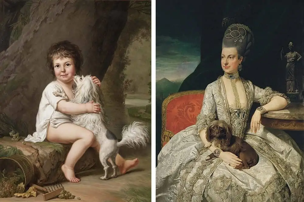 Links ist ein Kind im Spiel mit einem Löwchen gemalt, rechts eine Dame mit pompöser Perücke und Kleid mit einem Löwchen auf dem Schoß.
