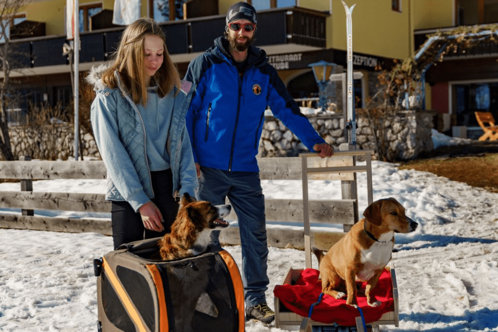 Mann und junge Dame stehen vor dem Hotel und vor beiden sind Hunde auf einem Schlitten bzw. in einem Transporthunde-Wagen.