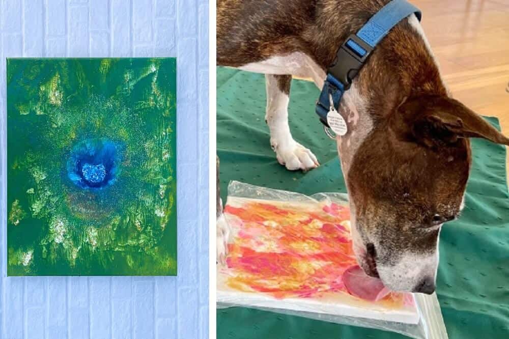 Links ist ein Gemälde des Hundes zu sehen, rechts leckt Van Gogh über die in Plastik verpackte Leinwand.