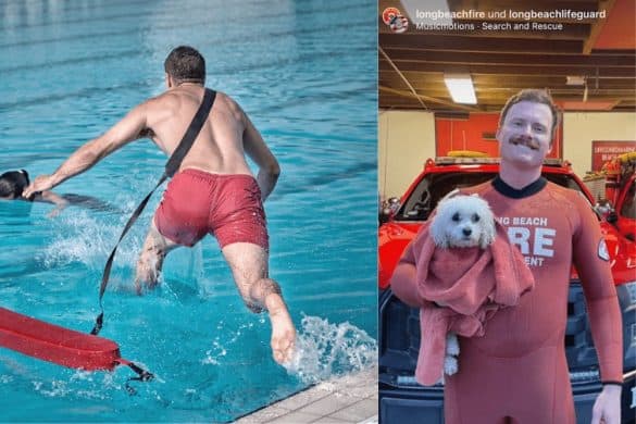 Rettungsschwimmer springt ins Wasser/ Rettungsschwimmer haltet geretteten Hund