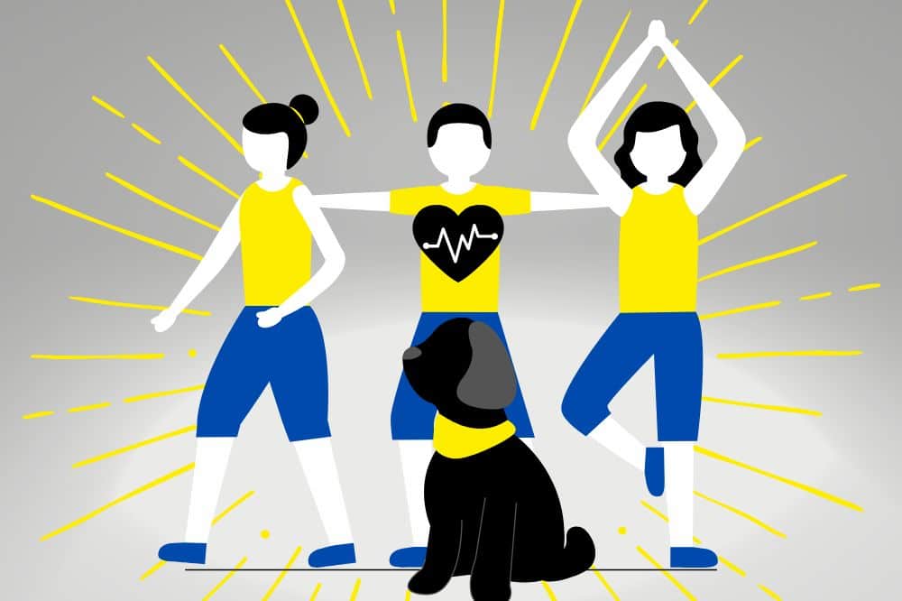 Personen in Turnkleidung und Fitnessposen stehen für den Effekt, dass gesund mit Hund einen wahren Kern hat.