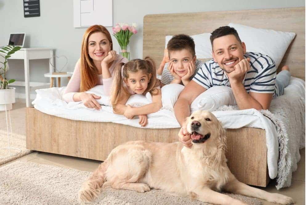Familie mit Hund im Bett