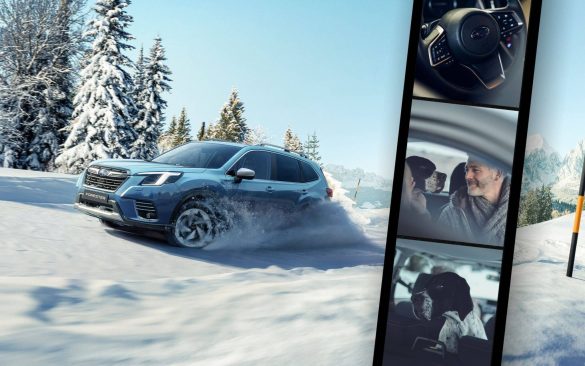 Ein blauer Subaru Crosstrek bahnt sich seinen Weg durch eine verschneite Gebirgslandschaft. Die imposanten, schneebedeckten Alpengipfel ragen majestätisch in den Himmel, während Schneeflocken um das Fahrzeug wirbeln. Die Sonne bricht durch die Wolken und beleuchtet die Szene mit einem weichen, winterlichen Glanz.