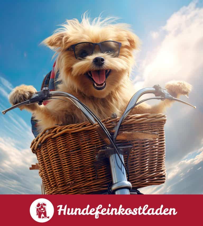 A small dog sits in a bicycle basket with an action effect. With Generative AI technology. /Hundefeinkostladen