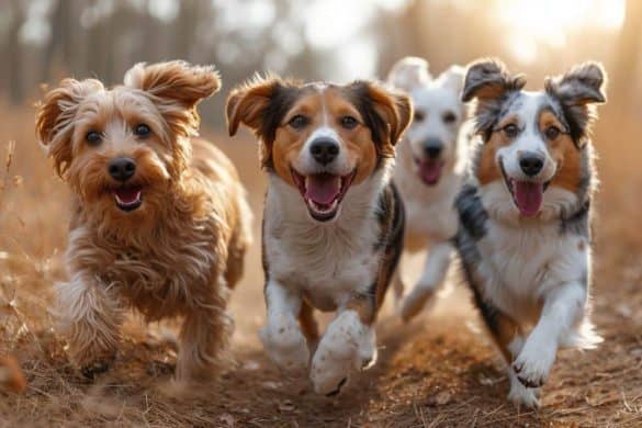 4 Hunde laufen richtung Kamera auf einer Wiese im Sommer.