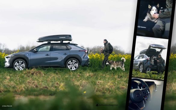 Ein Subaru Solterra auf einem grünen Feld. Hund und Herrchen stehen hinter dem Auto. Rechts ist ein Filmstreifen abgedruckt der 3 Fotos in sich hat. Im ersten wird dem Hund Wasser gegeben. Im zweiten siht man den Subaru von hinten und im dritten das Lenkrad