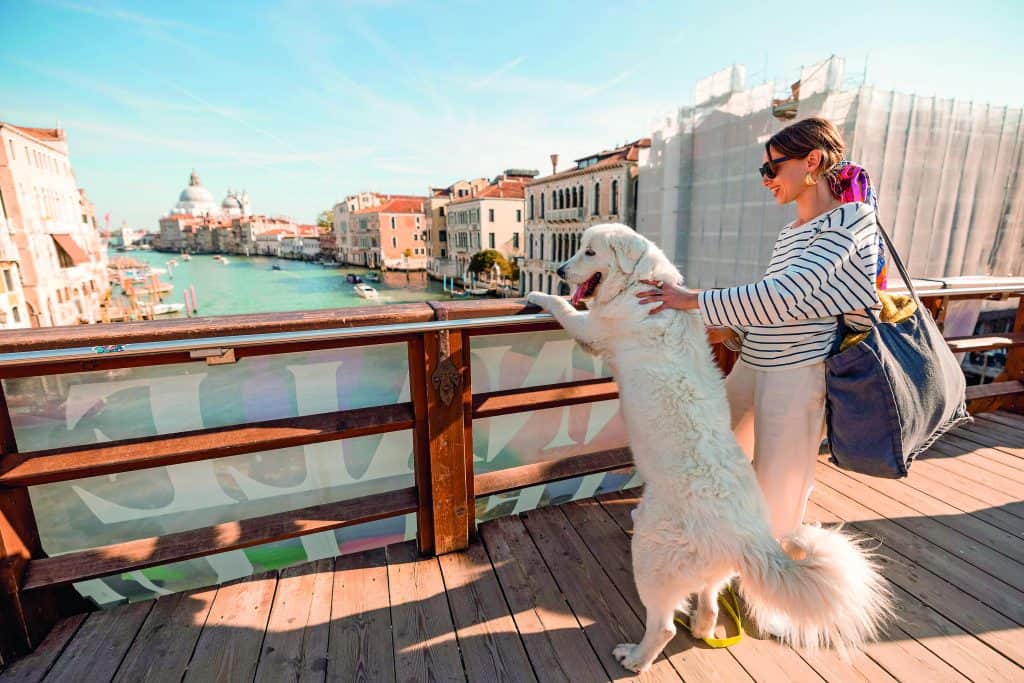 Frau steht mit ihrem Hund auf einer Brücke an einem Kanal in Venedig