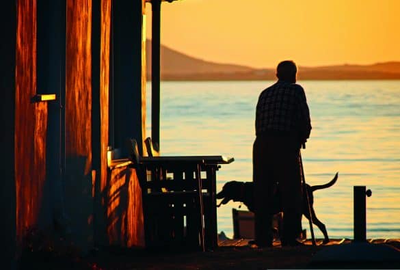Ein Hund und ein alter Mann auf der Veranda eines Hauses am Meer
