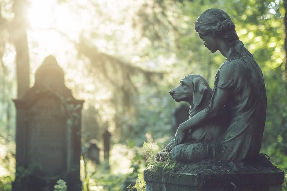 Auf einem Waldfriedhof sieht man verschiedene Mensch-Tier-Gräber.