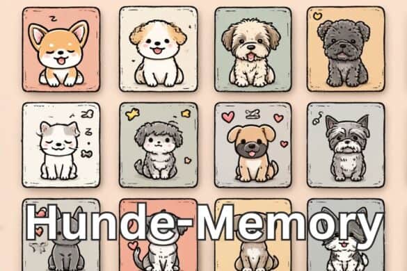 Vier Reihen mit gezeichneten Hundeköpfen im Cartoon-Stil – ideal für ein Memory-Spiel