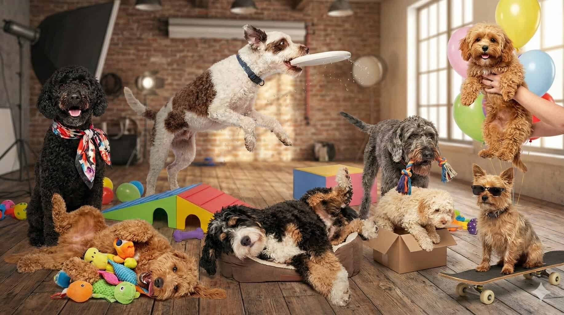 Mehrere verschiedene Doodle-Hunde nebeneinander – Symbolbild für Doodle-Generationen F1 bis Multigen