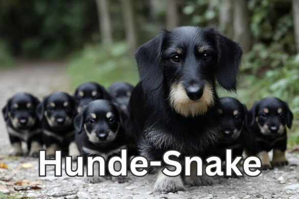 Eine Hündin läuft mit mehreren Welpen hintereinander auf einem Waldweg – wie eine lebende Hundeschlange.